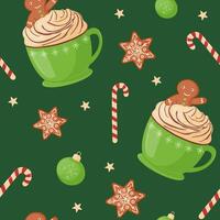 Seamless pattern. Festive cute cocoa with whipped cream, hot chocolate with a gingerbread man in a green cup. vector