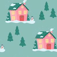 Seamless pattern of colorful houses, snowmen and fir trees. vector