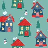 Seamless pattern of colorful houses, snowmen and fir trees. vector