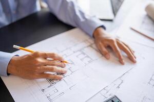 Architecture Man drawing on architectural Creative project business architecture building construction Industrial engineering Achievement Planning photo