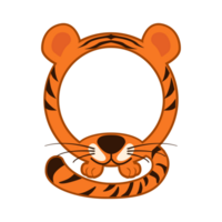 Cute round tiger frame. Cartoon avatar for UI games. Empty animal frame for your kids decor, print or stickers. png