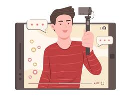 Content Creator Man Shooting Content by Smartphone for Digital Content on Social Media Concept Illustration vector