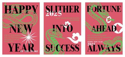 Set of 2025 Year of the Snake posters featuring snake in paper cut art style on red backgrounds, and motivational messages about success and fortune. Celebratory, modern design. vector