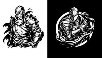 A detailed illustration of a medieval knight in full armor, depicted in black and white with intricate lines and shading vector