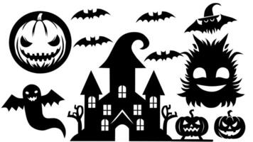 A spooky Halloween icon set with a haunted house, bats, pumpkins, ghosts, and a creepy smiling face vector