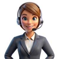 Young cartoon businesswoman using headphone on calling isolated on transparent background png