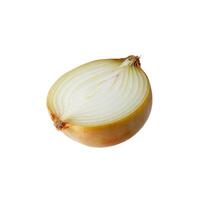 Image of a single cut onion resting on a white surface photo