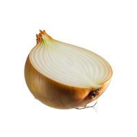 Snapshot of a cut onion positioned on a clean white surface photo
