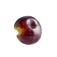 Picture of a pear showing a bite mark against a stark white background photo