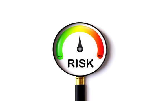 Magnifying glass with risk level indicator levels from low to high on white background. Concept of management analysis and assessment of financial and security risks photo