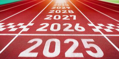 Start of new year. Changes of year 2025, 2026, 2027 on Running track. Concept of new ideas starting in new year, planning along with setting objectives to set KPI goals for success in life. photo