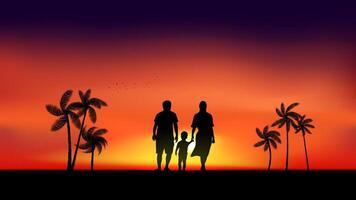 A silhouette of a family watching the sunset, and the sky is a gradient of orange vector