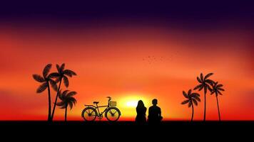 A silhouette of a couple sitting on a beach, watching the sunset. A bicycle is parked next to them. Palm trees line the beach, and the sky is a gradient of orange vector