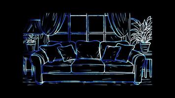 Neon frame effect, Couch For family relaxation and gatherings on black background video