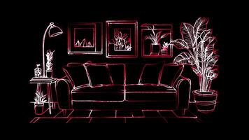 Neon frame effect, Couch For family relaxation and gatherings on black background video
