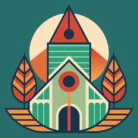 A church with a clock tower and trees vector