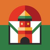 A flat icon of a building with a green and orange background vector