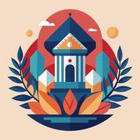An illustration of a building with leaves and flowers vector