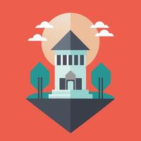 A flat design of a house with trees and a sun vector