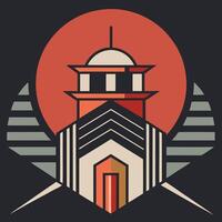 The logo for a building with a red sun in the background vector