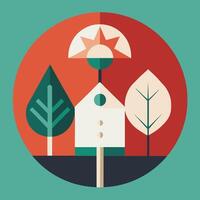 A flat design of a house with trees and a sun vector