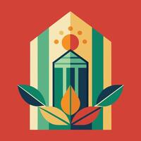 A colorful illustration of a building with leaves and a sun vector