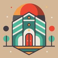 Church building with red door and sun in the background vector