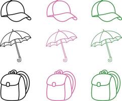Silhouettes of a school bag, umbrella, and hat in a simple, minimalistic design. Perfect for back-to-school, student life, and weather-related educational themes. vector