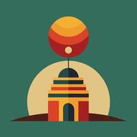 A flat design of a building with a sun and a ball vector