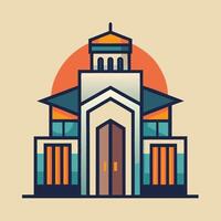 An illustration of a church building with a sun in the background vector
