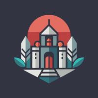 A castle with a red door and trees in the background vector
