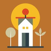 A house with a red roof and trees in front of it vector