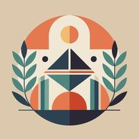 A poster with a building and a sun in the background vector