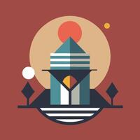 A flat design of a building with a sun in the background vector