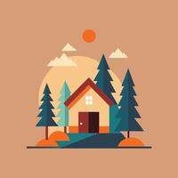 House in the forest with trees and sun vector