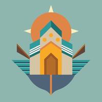 A colorful illustration of a house with a sun in the background vector