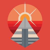 The sun is setting over a pyramid in a flat design vector