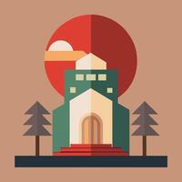A church with a red sun and trees vector