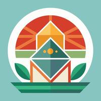 A flat design of a house with a sun in the background vector