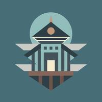 A building with a roof and a moon in the background vector