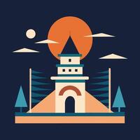 An illustration of a castle with a sun in the background vector