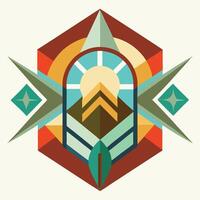 A colorful geometric design with a mountain and sun vector
