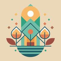 A colorful illustration of a house with trees and a sun vector