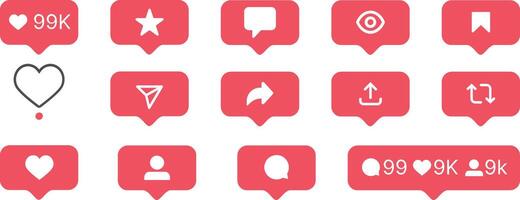Social media notification bubble flat icons set. Like, comment, follower and view buttons. vector