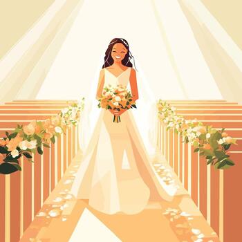 Lovely Bride in a Flowing Wedding Gown Holding Her Bouquet vector