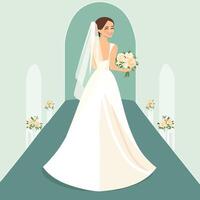 Joyful Bride in a Flowing Gown with Her Lovely Bouquet vector