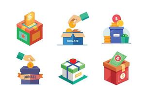 6-bundle Donation box with human hand insert golden coin, money. Man throws gold coin in a carton box vector