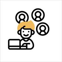 A person sitting at a computer with a laptop and a group of people around him vector