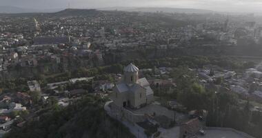 Aerial view of Tabor Monastery of the Transfiguration over Tbilisi at sunrise video