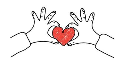 Brush drawn hands holding heart. Romantic print for valentines day. Elegant minimal line stroke style. chalk graphic elements vector